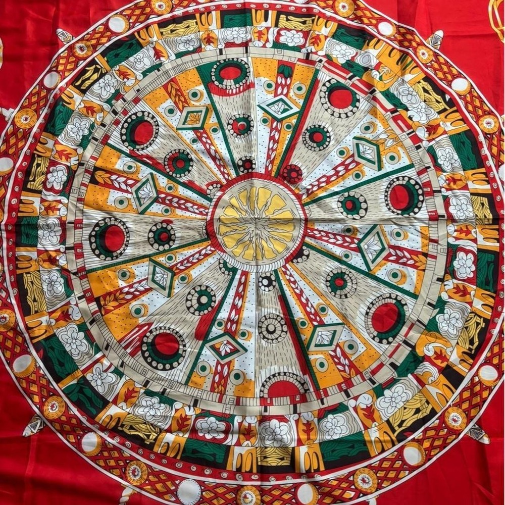 Vintage Red Geometric Mandala Square Scarf Nautical Rope Border Silk Feel Scarf